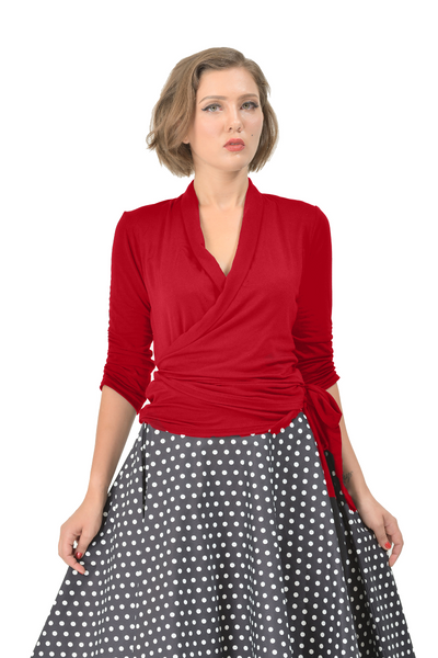 Retro Long Sleeved Wrap-Around Top in Burgundy
