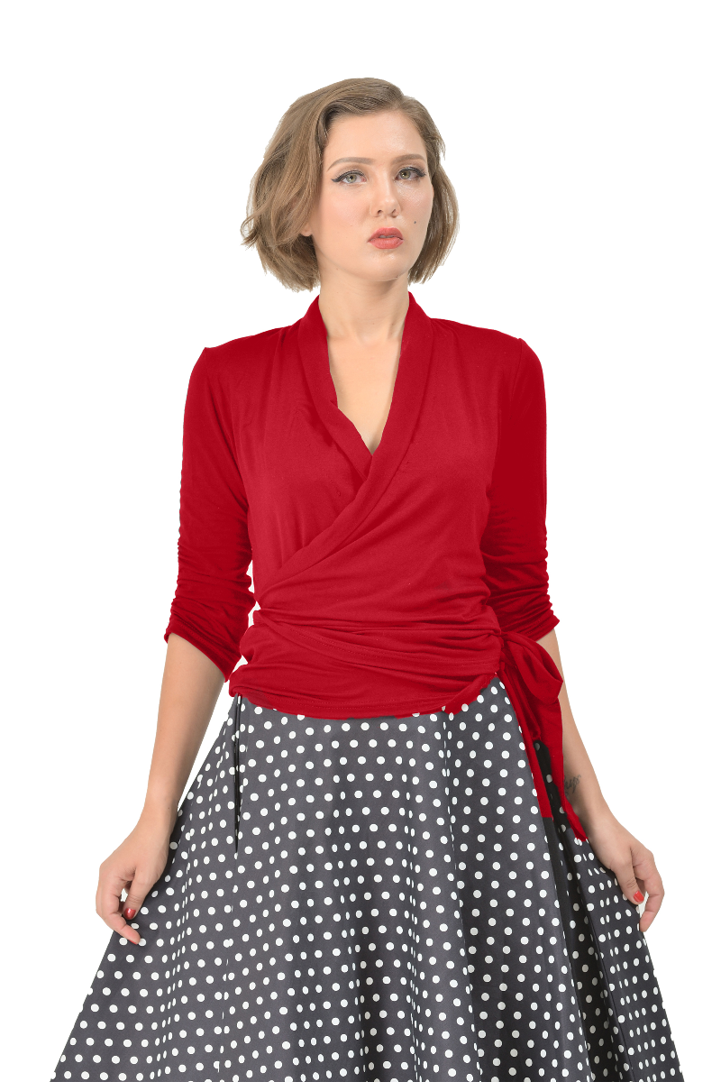 Retro Long Sleeved Wrap-Around Top in Burgundy
