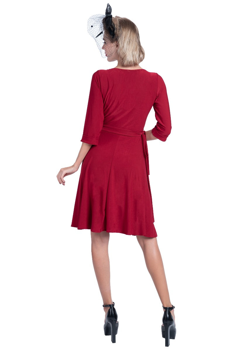 Vintage-inspired Polka Dot Swing Wrap  Viscose Dress With Three Quarter Sleeves in Burgundy
