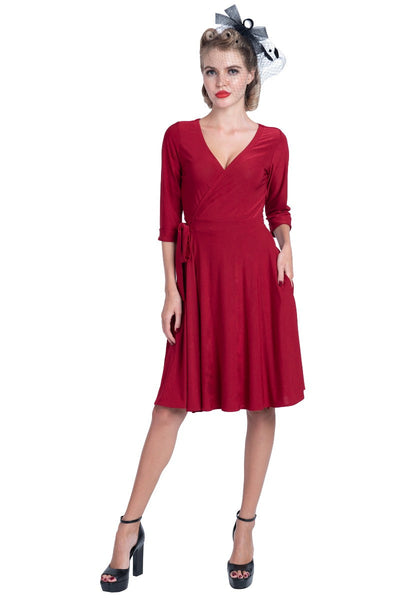 Vintage-inspired Polka Dot Swing Wrap  Viscose Dress With Three Quarter Sleeves in Burgundy
