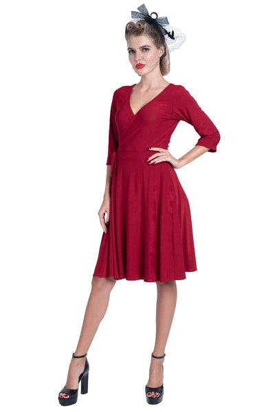 Vintage-inspired Polka Dot Swing Wrap  Viscose Dress With Three Quarter Sleeves in Burgundy
