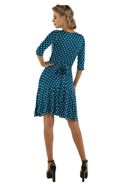 Vintage-inspired Polka Dot Swing Wrap  Viscose Dress With Three Quarter Sleeves in Peacock Blue and White
