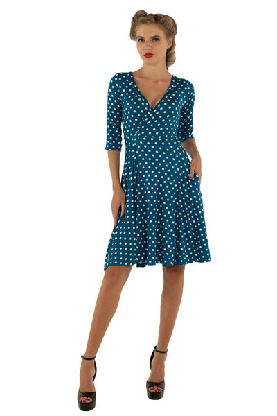 Vintage-inspired Polka Dot Swing Wrap  Viscose Dress With Three Quarter Sleeves in Peacock Blue and White
