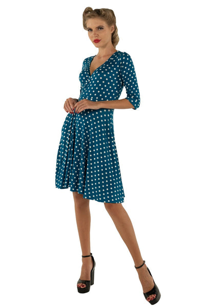 Vintage-inspired Polka Dot Swing Wrap  Viscose Dress With Three Quarter Sleeves in Peacock Blue and White

