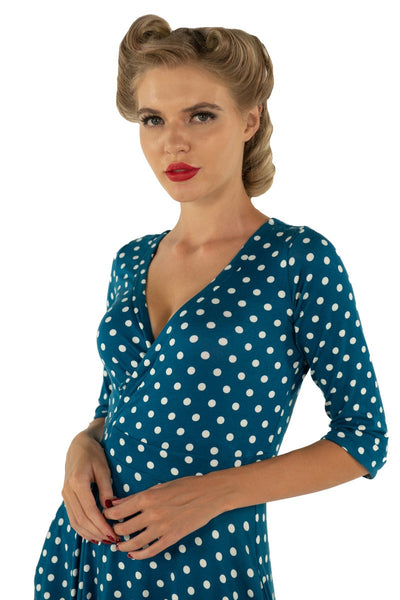 Vintage-inspired Polka Dot Swing Wrap  Viscose Dress With Three Quarter Sleeves in Peacock Blue and White

