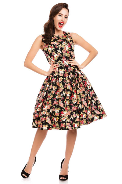Retro Swing Dress in Black-Pink Floral