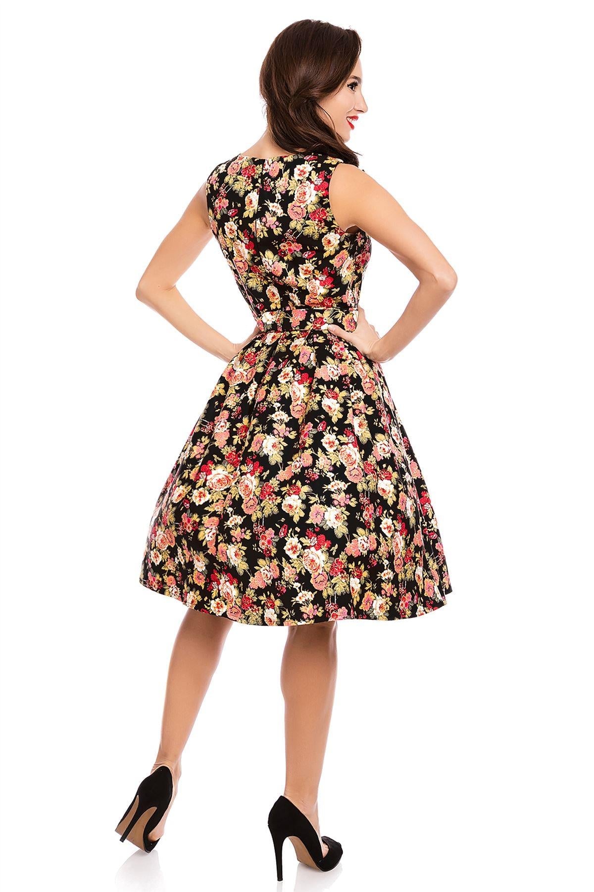 Retro Swing Dress in Black-Pink Floral