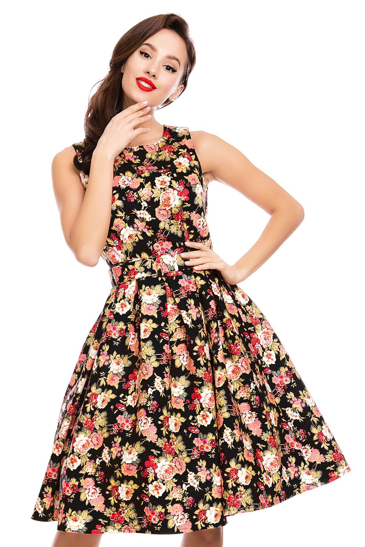 Retro Swing Dress in Black-Pink Floral