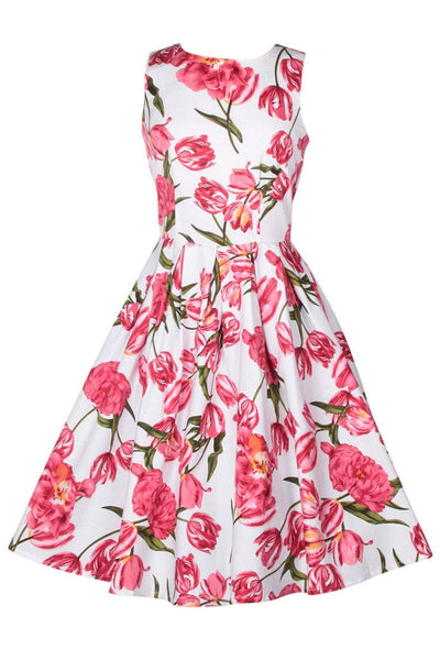 Retro Tulip Floral Swing Dress in White-Pink