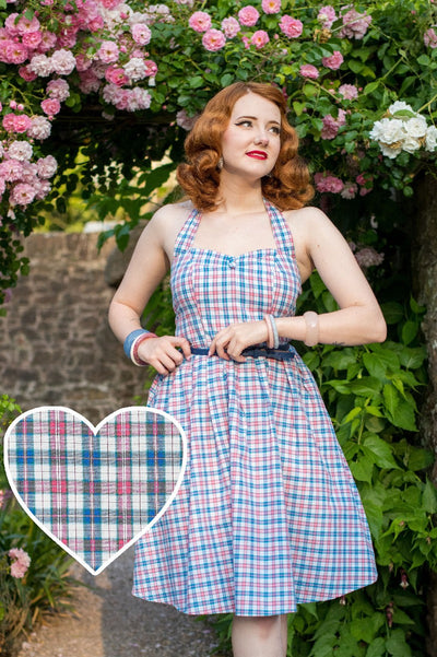 Rockabilly Halter Neck Blue Pink Swing Dress