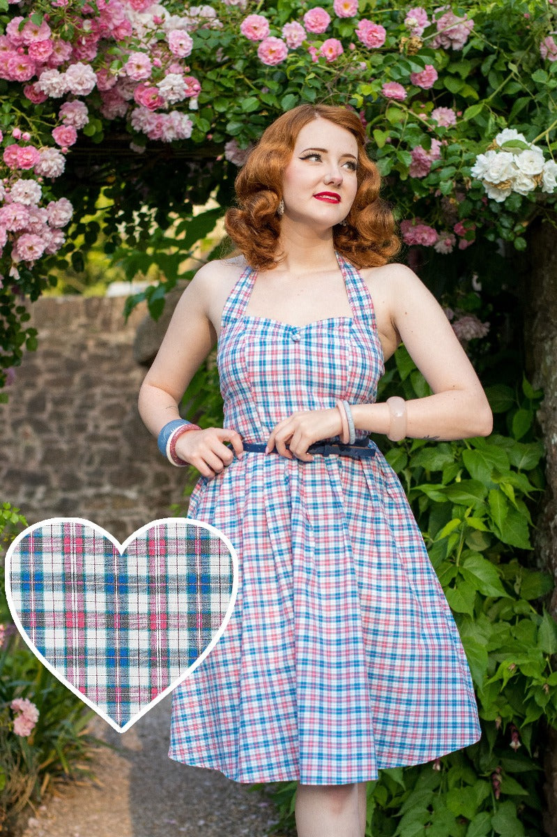 Rockabilly Halter Neck Blue Pink Swing Dress