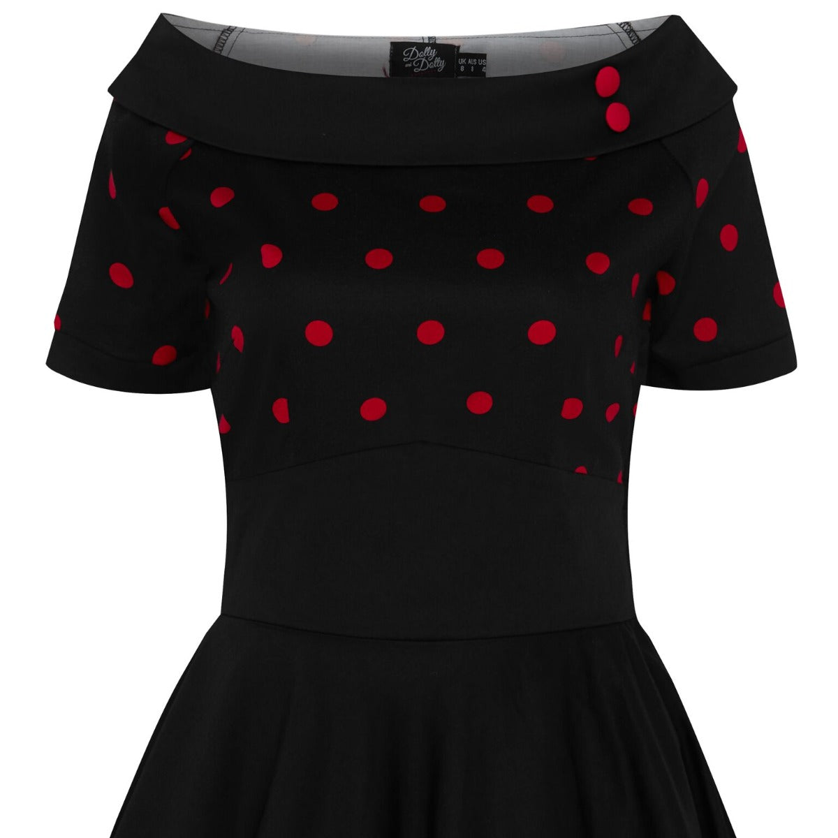 Darlene Rockabilly Polka Dot Swing Dress In Black-Red Top and Black Skirt