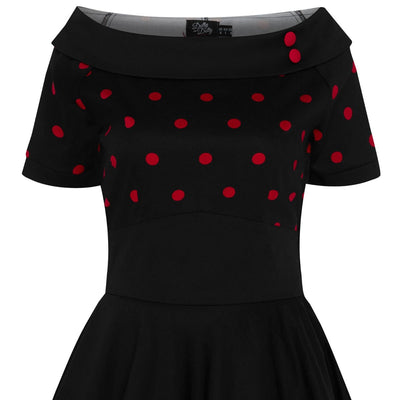 Darlene Rockabilly Polka Dot Swing Dress In Black-Red Top and Black Skirt