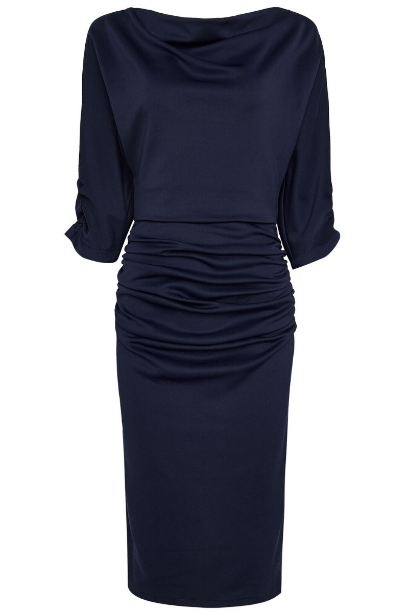 Ruffled Waist & Long Sleeved Tight Wiggle Dress Navy