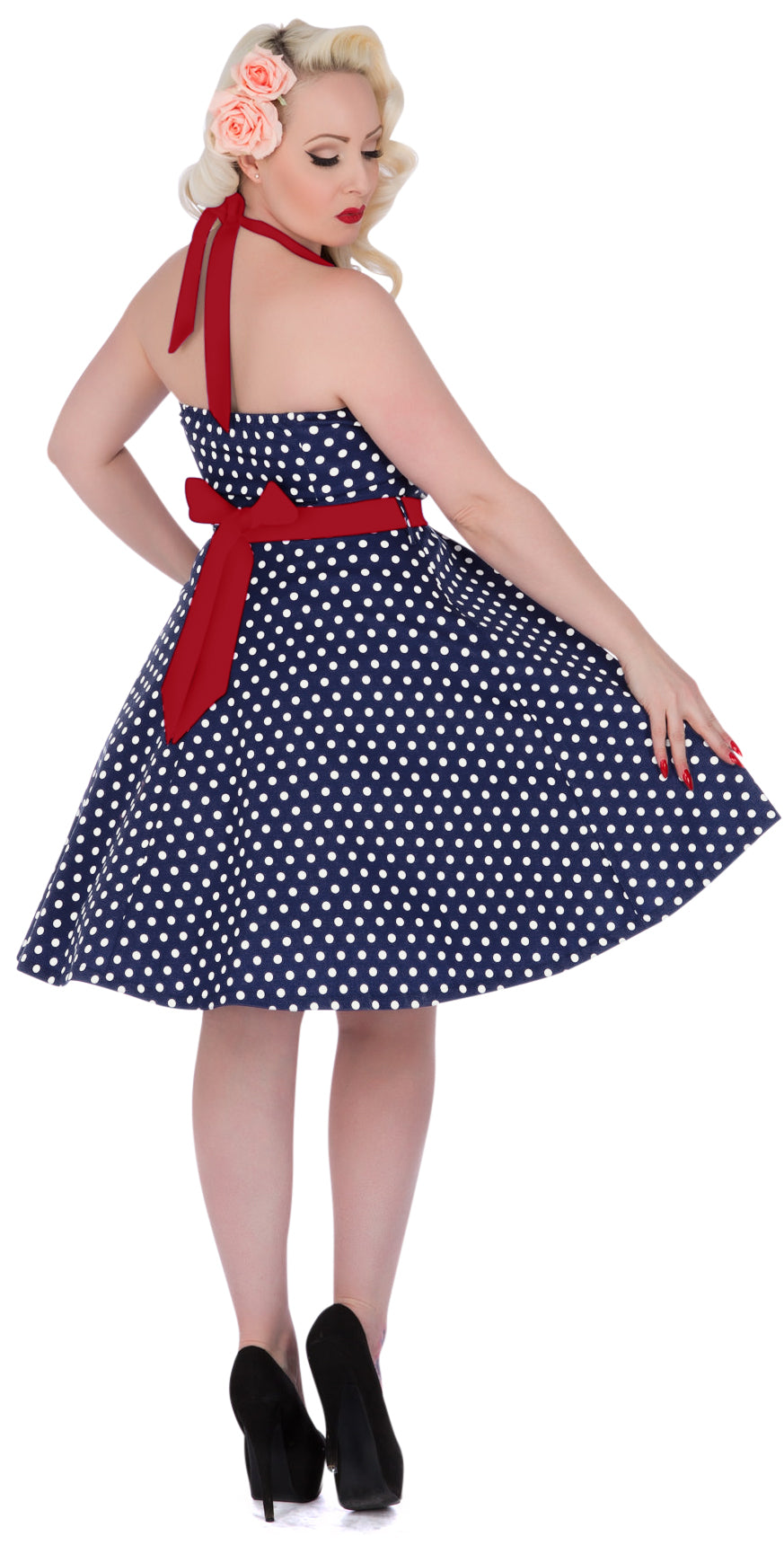 Penny Polka Dot Vintage Dress in Dark Blue with Red Straps