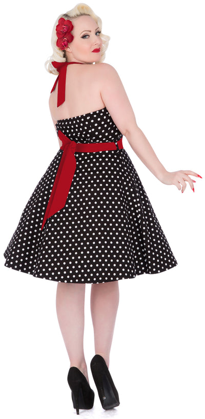 Penny Polka Dot Vintage Dress in Black with Red Straps