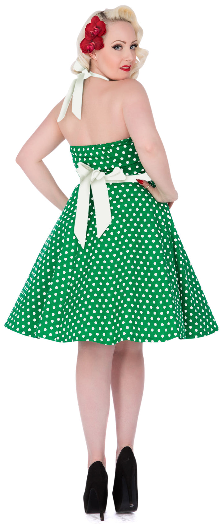 Penny Polka Dot Vintage Dress in Green with White Straps