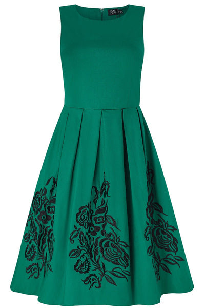 Embroidered Roses Swing Dress in Green-Black