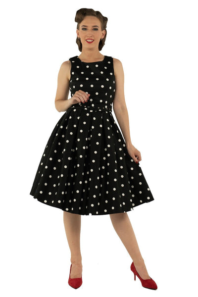 Annie Black Swing Dress with Scattered White Polka Dots