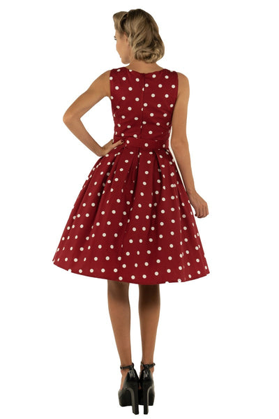 Annie Retro Polka Dot Dress In Burgundy-White