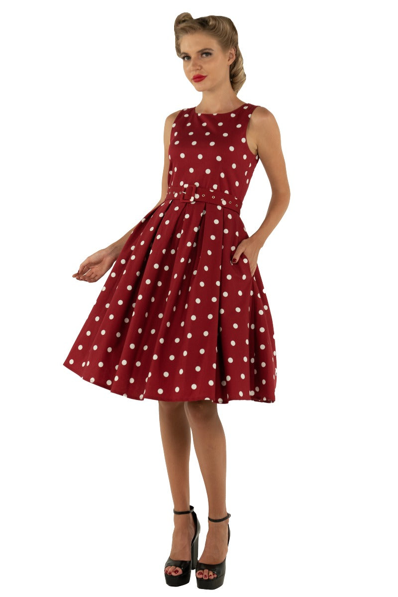Annie Retro Polka Dot Dress In Burgundy-White