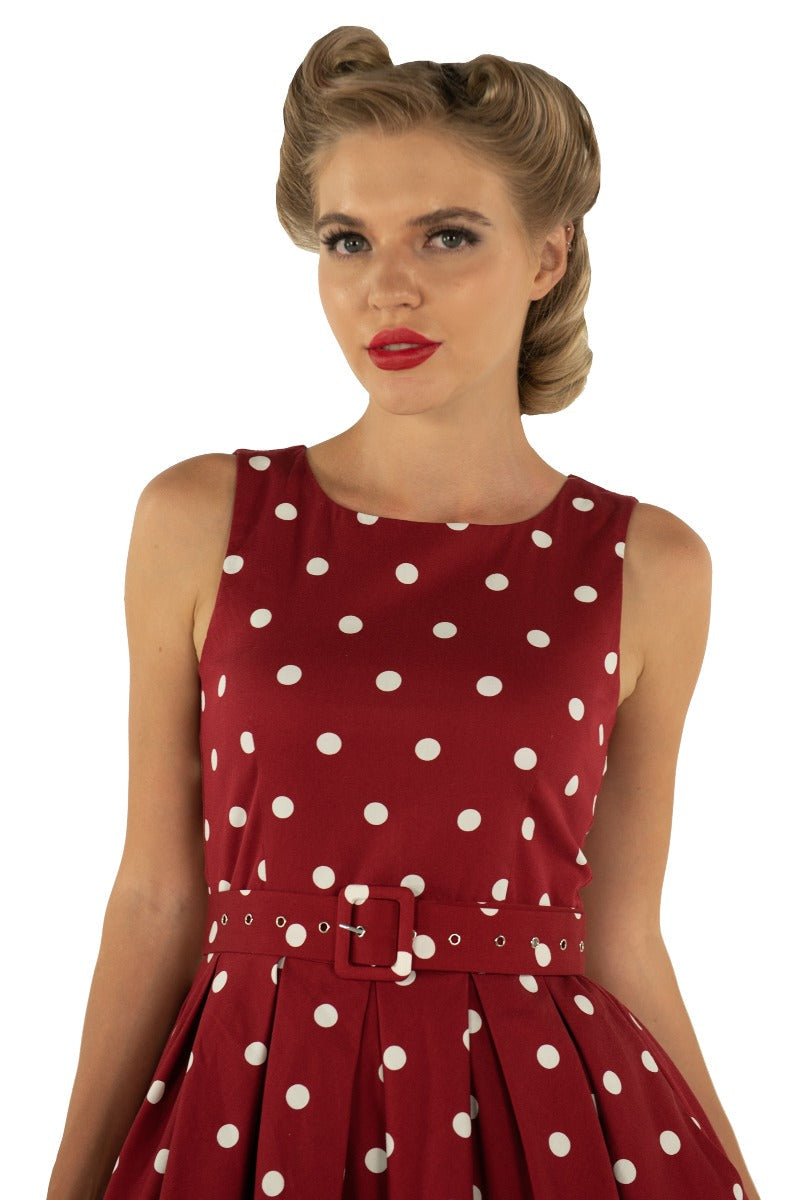 Annie Retro Polka Dot Dress In Burgundy-White