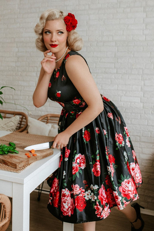 Floral Roses Satin Flared Dress in Black/Pink