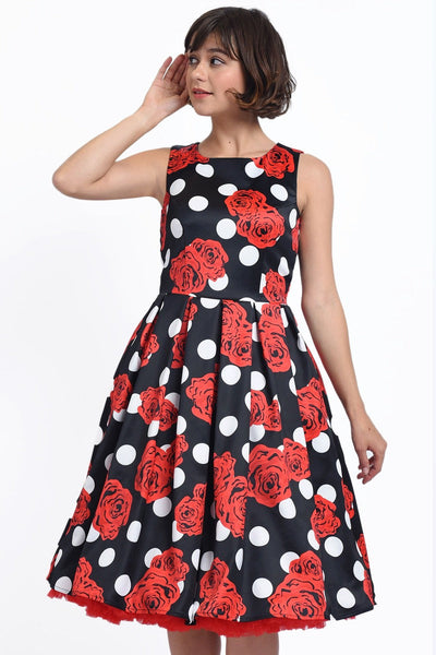 Classic Swing Dress in Navy Blue with Raising White Leaves Print
