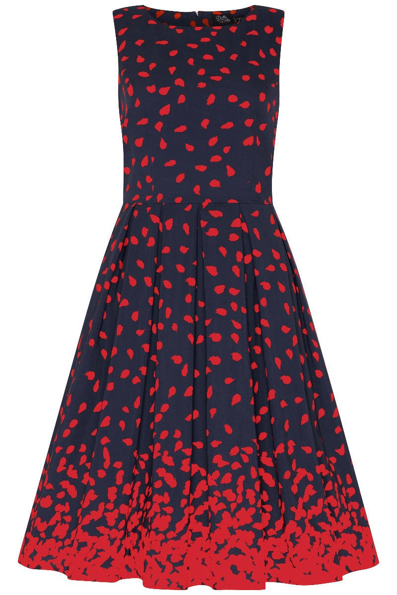 Retro Swing Dress in Navy with Raising Painted Red Dots