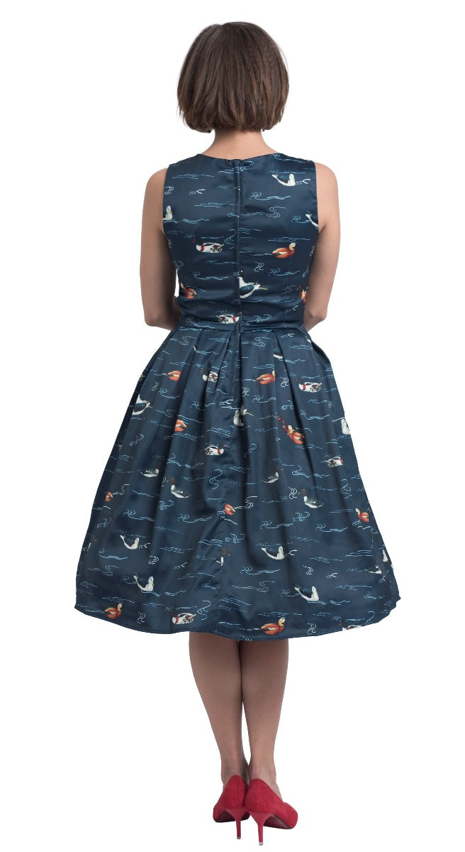 Annie 50s Inspired Womens Dress-Navy with Swimming Ducks