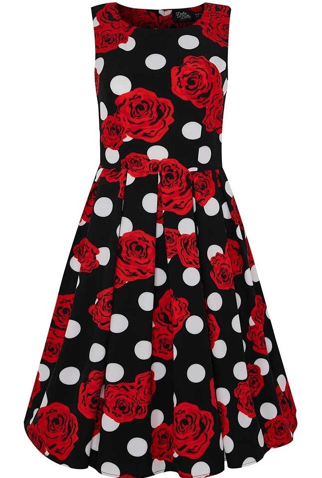 Annie Retro Inspired Swing Tea Dress Black Polka & Red Roses