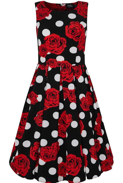 Annie Retro Inspired Swing Tea Dress Black Polka & Red Roses