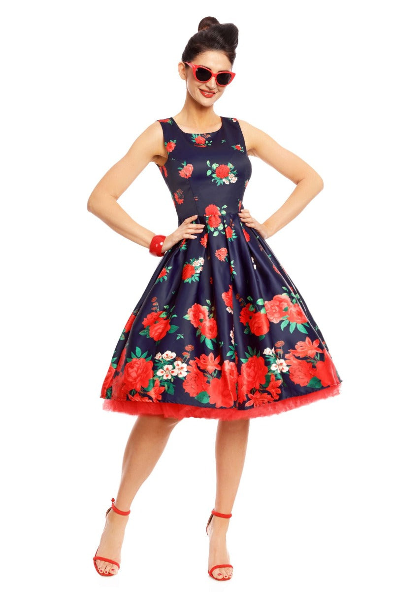 Annie Retro Swing Dress in Purple with Raising Red Peony Print