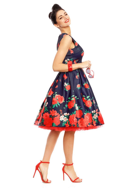 Annie Retro Swing Dress in Purple with Raising Red Peony Print