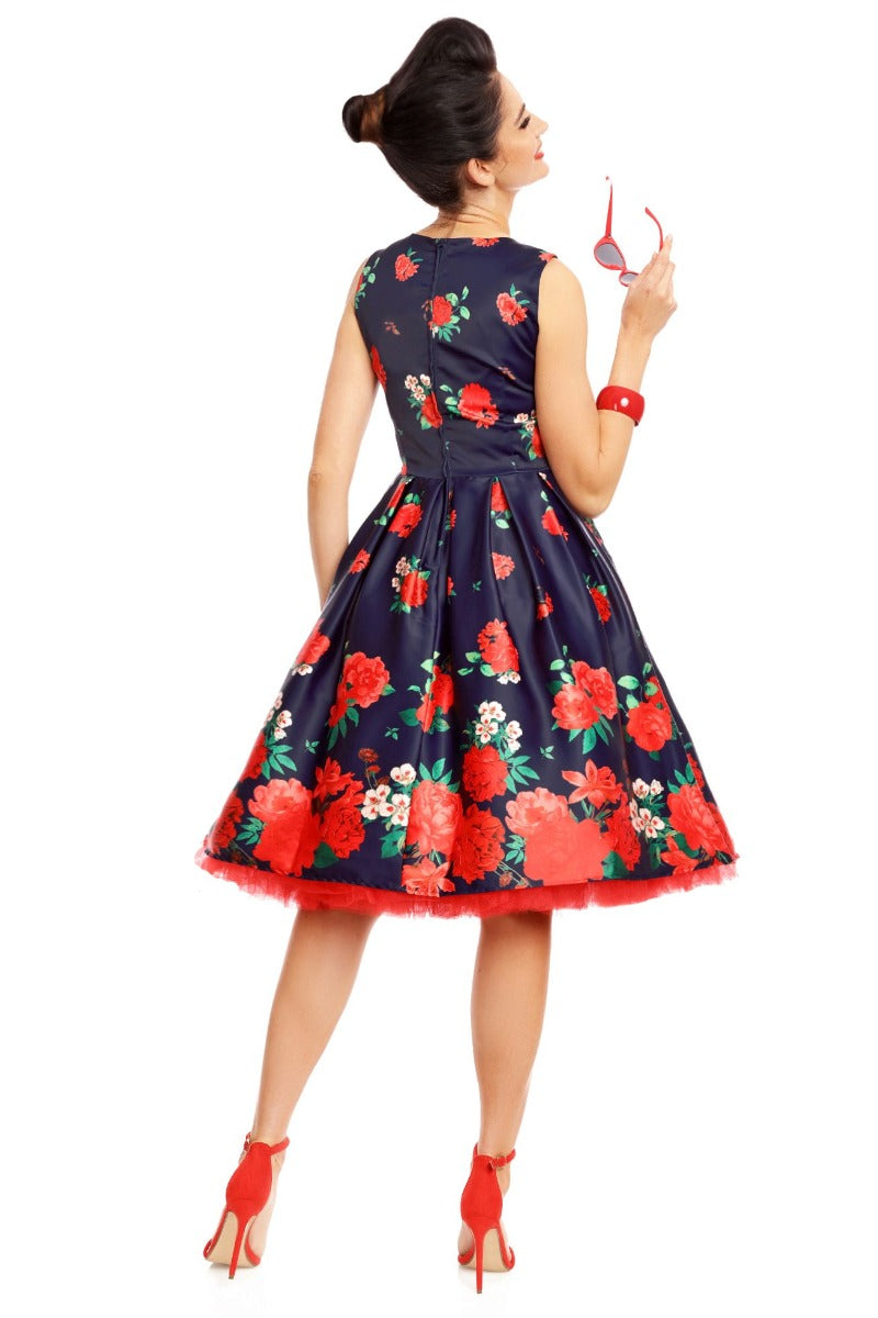 Annie Retro Swing Dress in Purple with Raising Red Peony Print