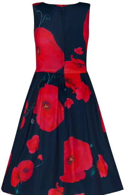 Annie Navy Retro Swing Dress & Red Poppy Flowers