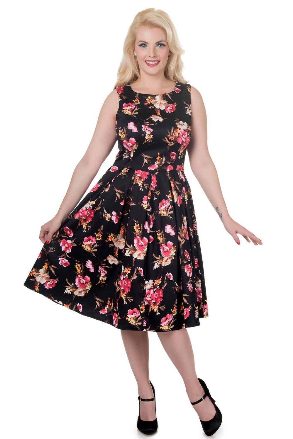 Annie Retro Floral Swing Dress in Black
