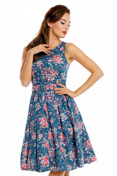 Annie Floral Retro Swing Dress in Blue-Pink Flowers