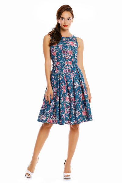 Floral Retro Swing Dress in Blue/Pink Flowers