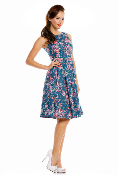 Annie Floral Retro Swing Dress in Blue-Pink Flowers