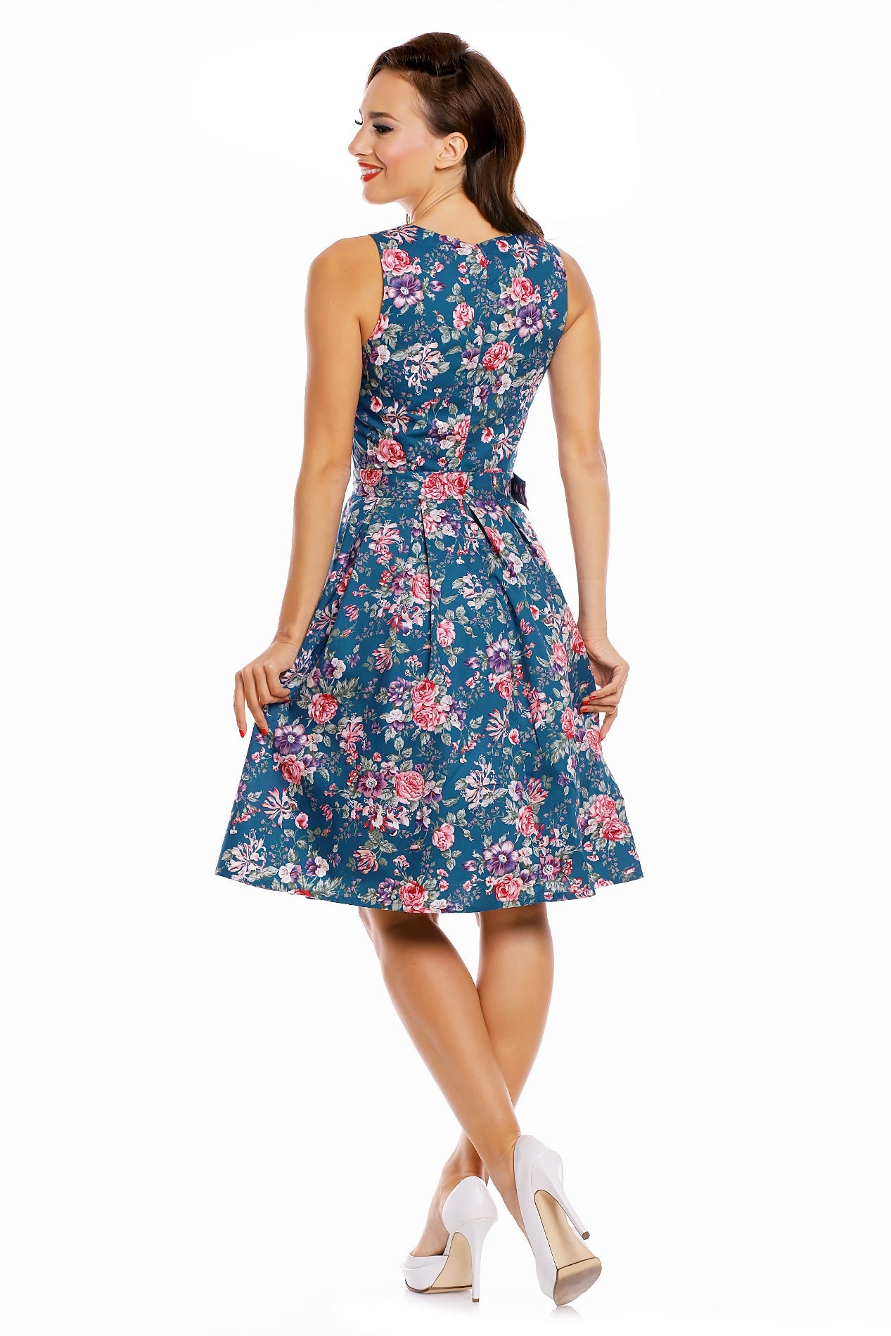 Annie Floral Retro Swing Dress in Blue-Pink Flowers