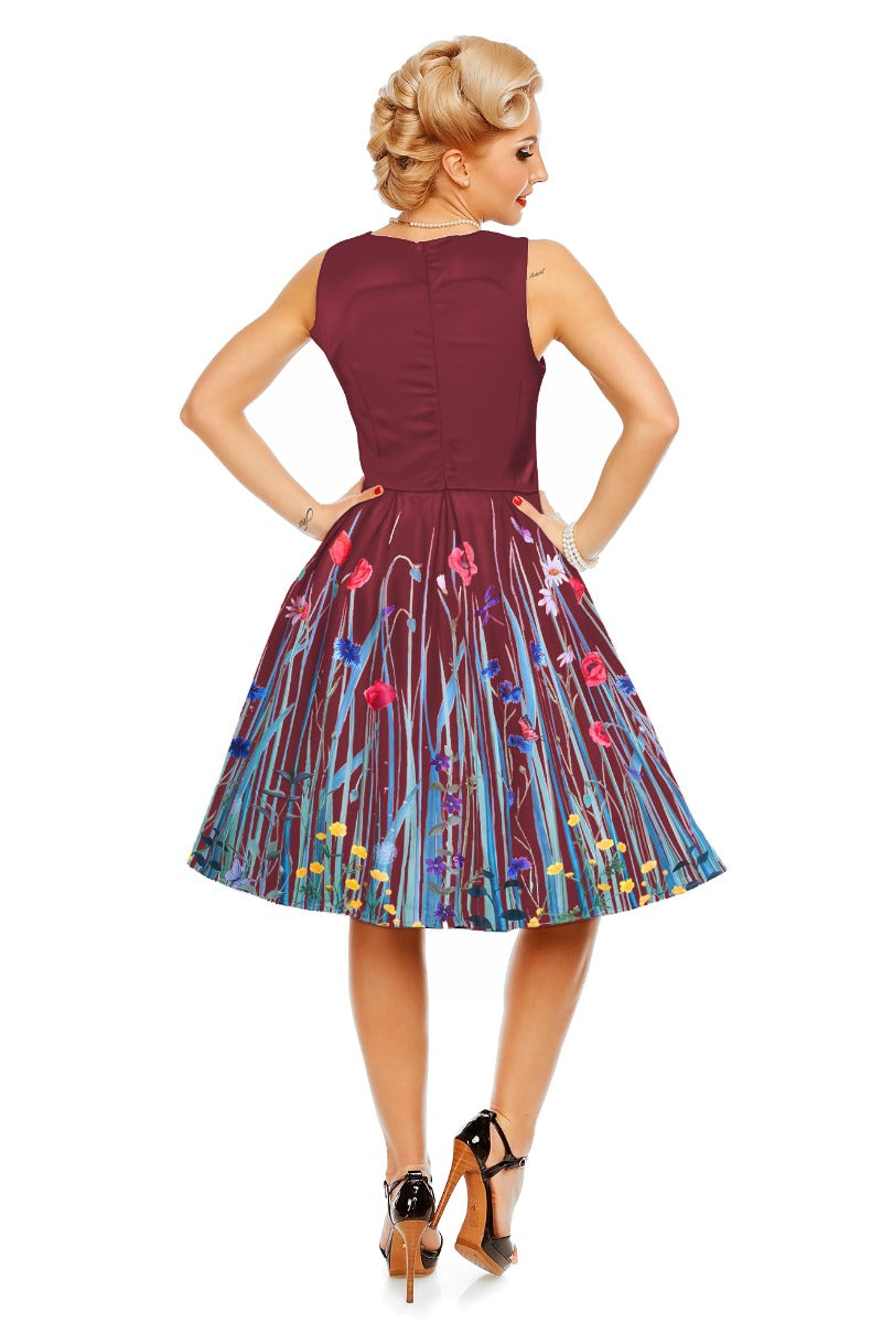 Annie Retro Meadow Floral Print Swing Dress in Burgundy