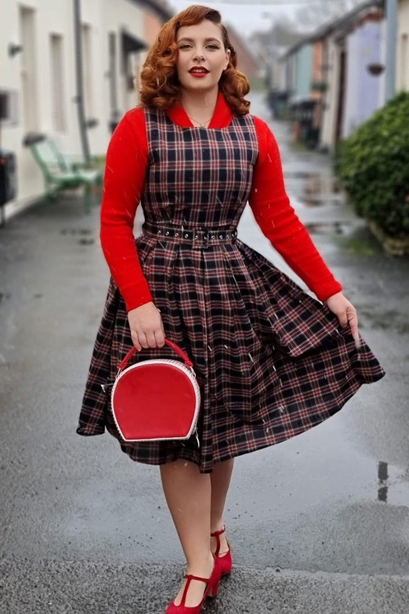 Annie Retro Check Swing Dress in Black & Red