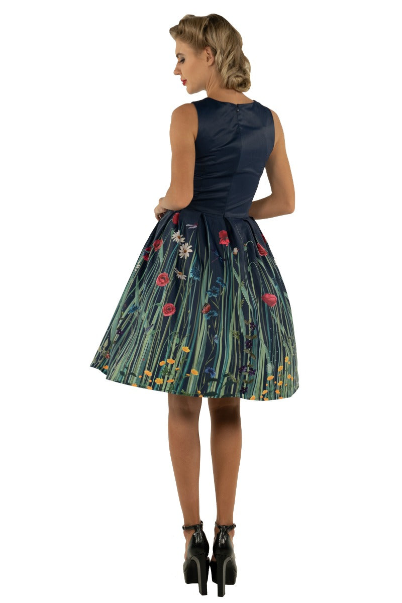 Annie Retro Meadow Floral Print Swing Dress in Navy Blue