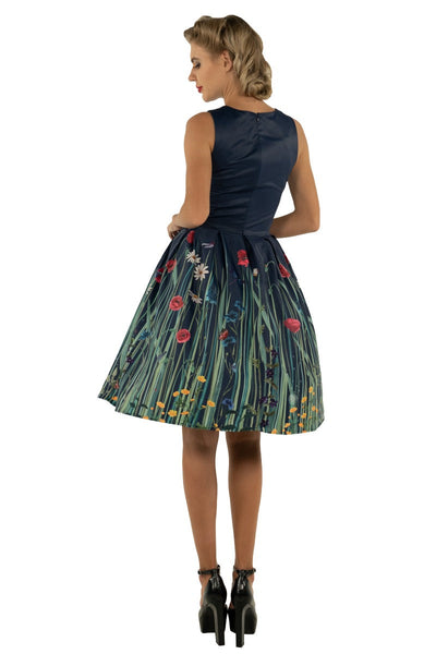 Annie Retro Meadow Floral Print Swing Dress in Navy Blue