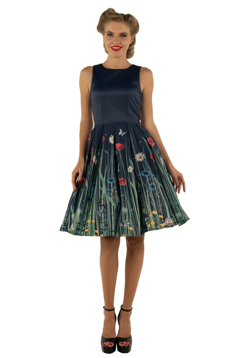 Annie Retro Meadow Floral Print Swing Dress in Navy Blue