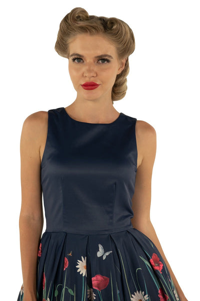 Annie Retro Meadow Floral Print Swing Dress in Navy Blue