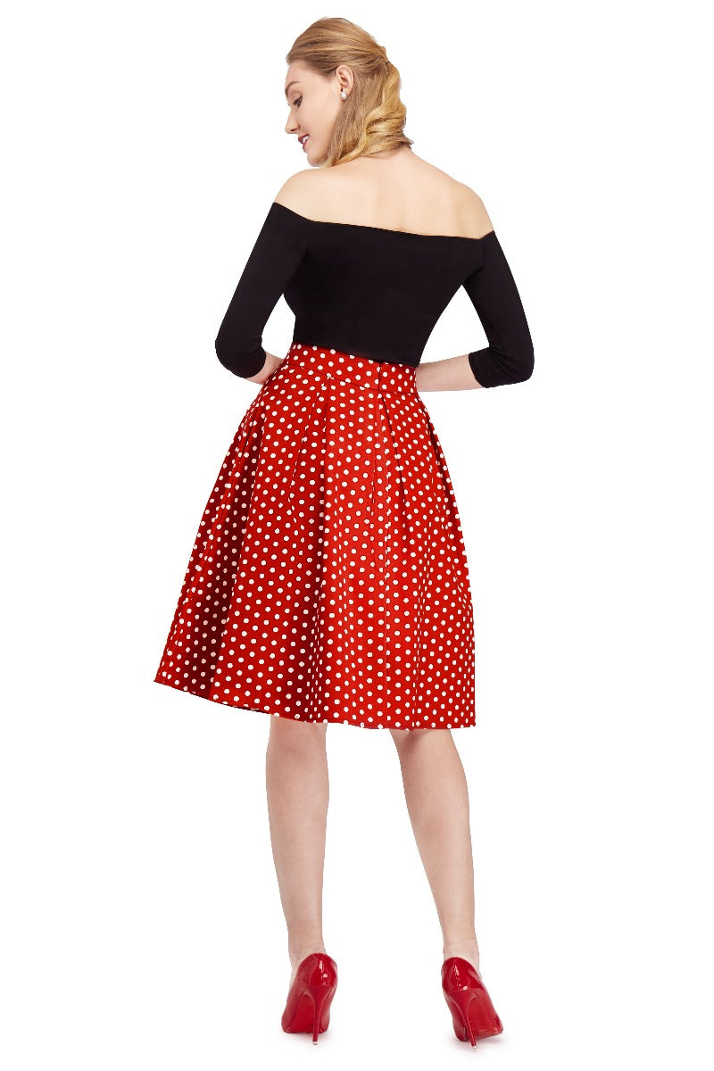 Rochelle High Waist Full Circle Polka Dot Skirt in Red
