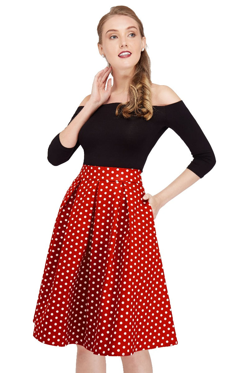 Rochelle High Waist Full Circle Polka Dot Skirt in Red