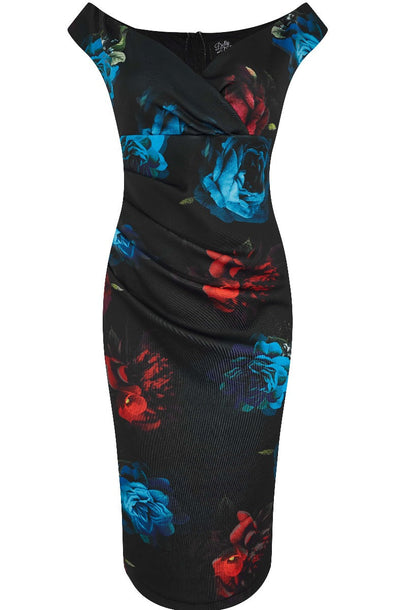 Isabella Off-the-shoulder Wiggle Dress Black, Blue & Red Roses